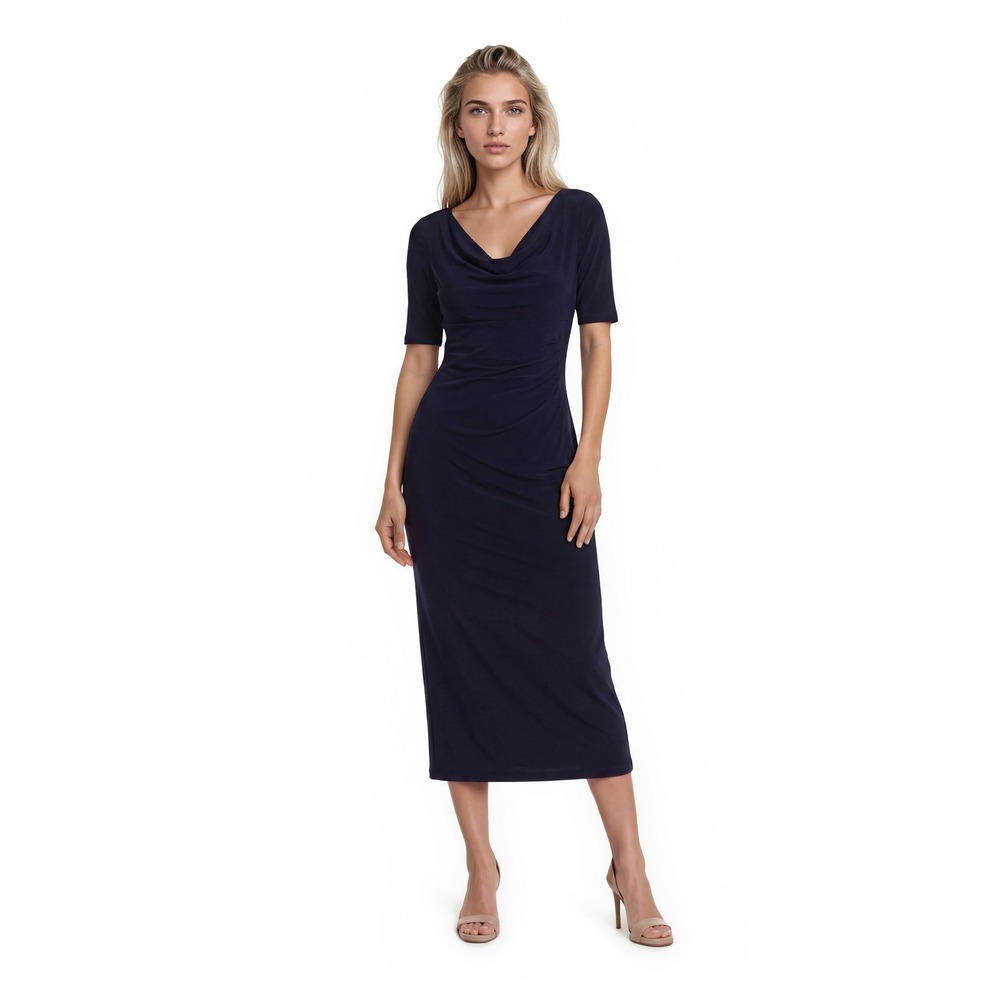 Lauren Ralph Lauren Midi Sheath Dress Women's Size 10 Navy Drape Ruched Jersey